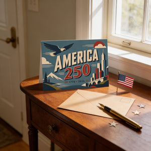 A wooden desk with a card that reads "AMERICA 250" and a pen, along with a small American flag and some stars.