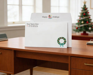 a white envelope with a wreath design on the front, placed on a wooden desk. In the background, there is a Christmas tree visible, suggesting a holiday setting.