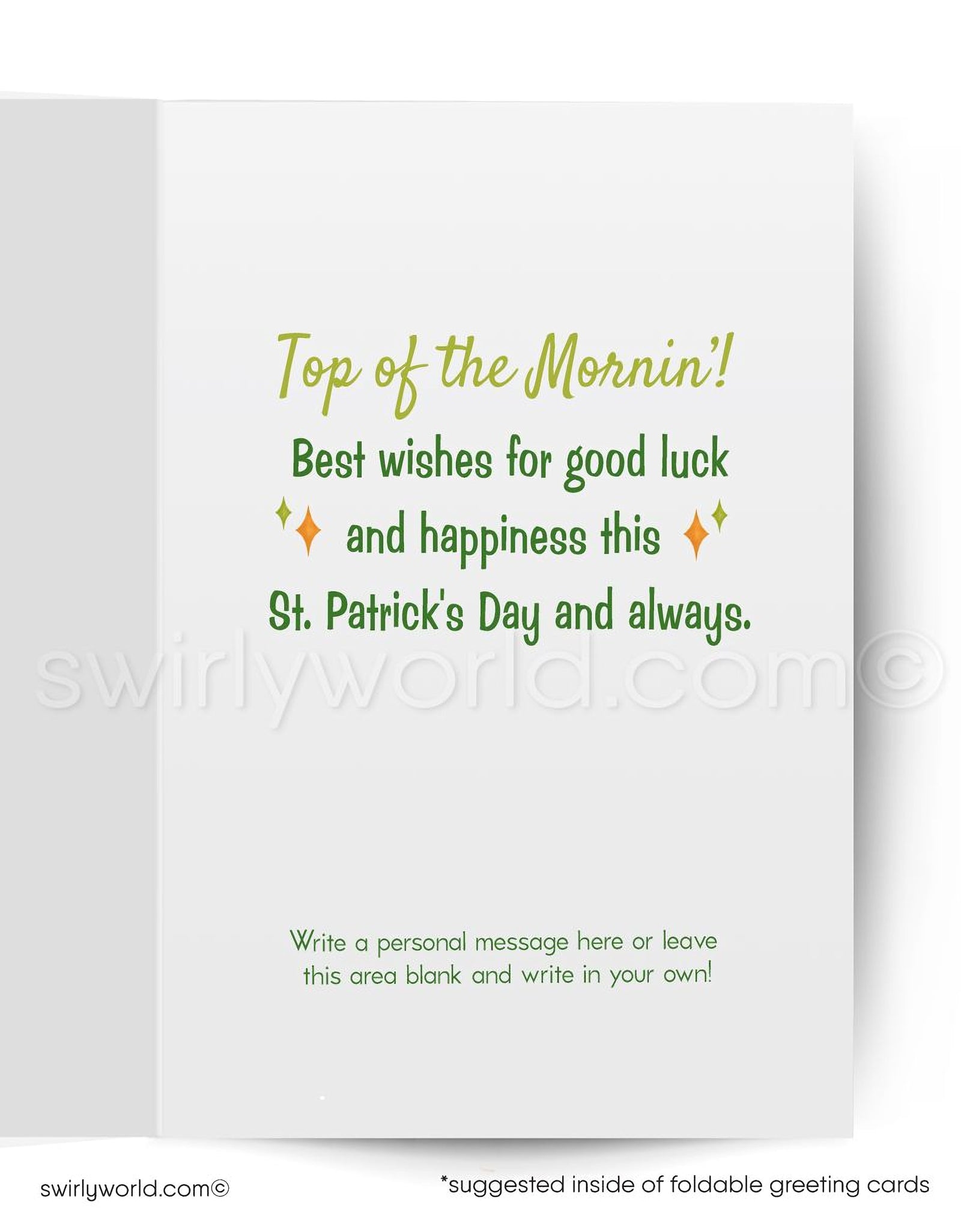 Greeting card with a cartoon cat wearing a green hat and holding flowers on a green background.