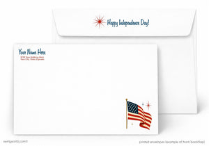 a white envelope with a patriotic design, including an American flag and a red star. The envelope has a message that reads "Happy Independence Day!" and a space for the recipient's name and address.