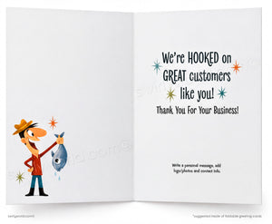 Open card with cartoon character holding a fish and text about great customers.