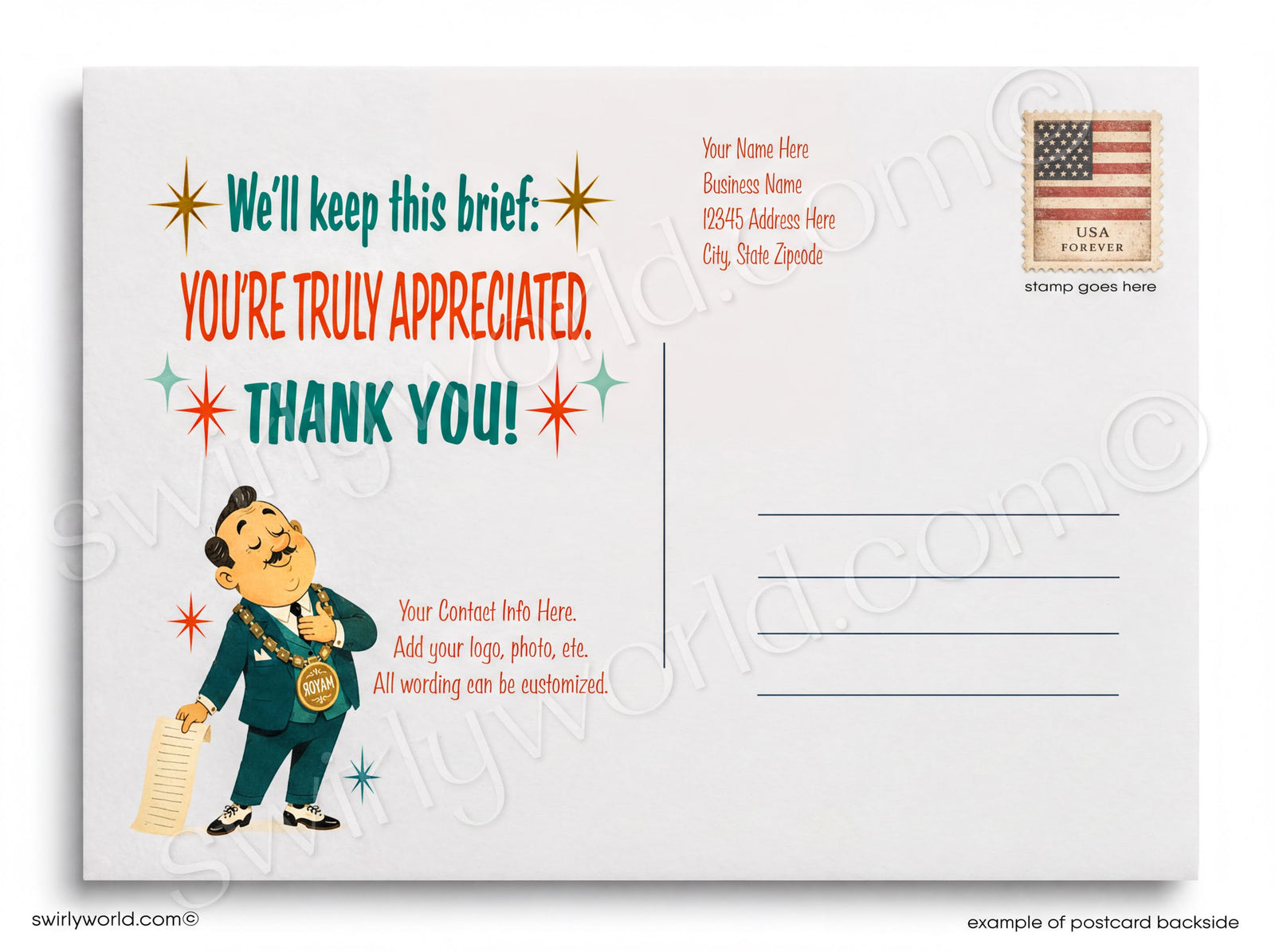 Cartoon character in a suit with a podium and text 'No Long-Winded Speeches' on a blue background