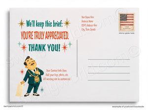 Vintage-style postcard with a cartoon character and text on a white background