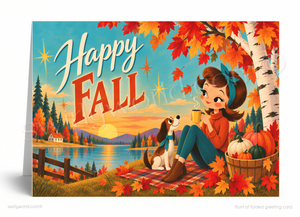 A young girl sits on a blanket in a park, holding a cup of coffee, with a dog nearby, against a backdrop of a sunset over a lake and autumn trees.