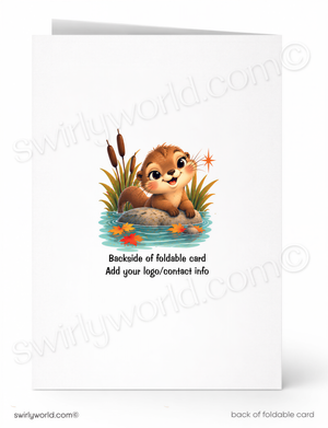 A cute cartoon otter sitting on a rock in a pond, surrounded by reeds and leaves, with a starburst above it.