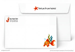 Business card with cartoon fish and starfish design, featuring text 'Thank you for your business!'.
