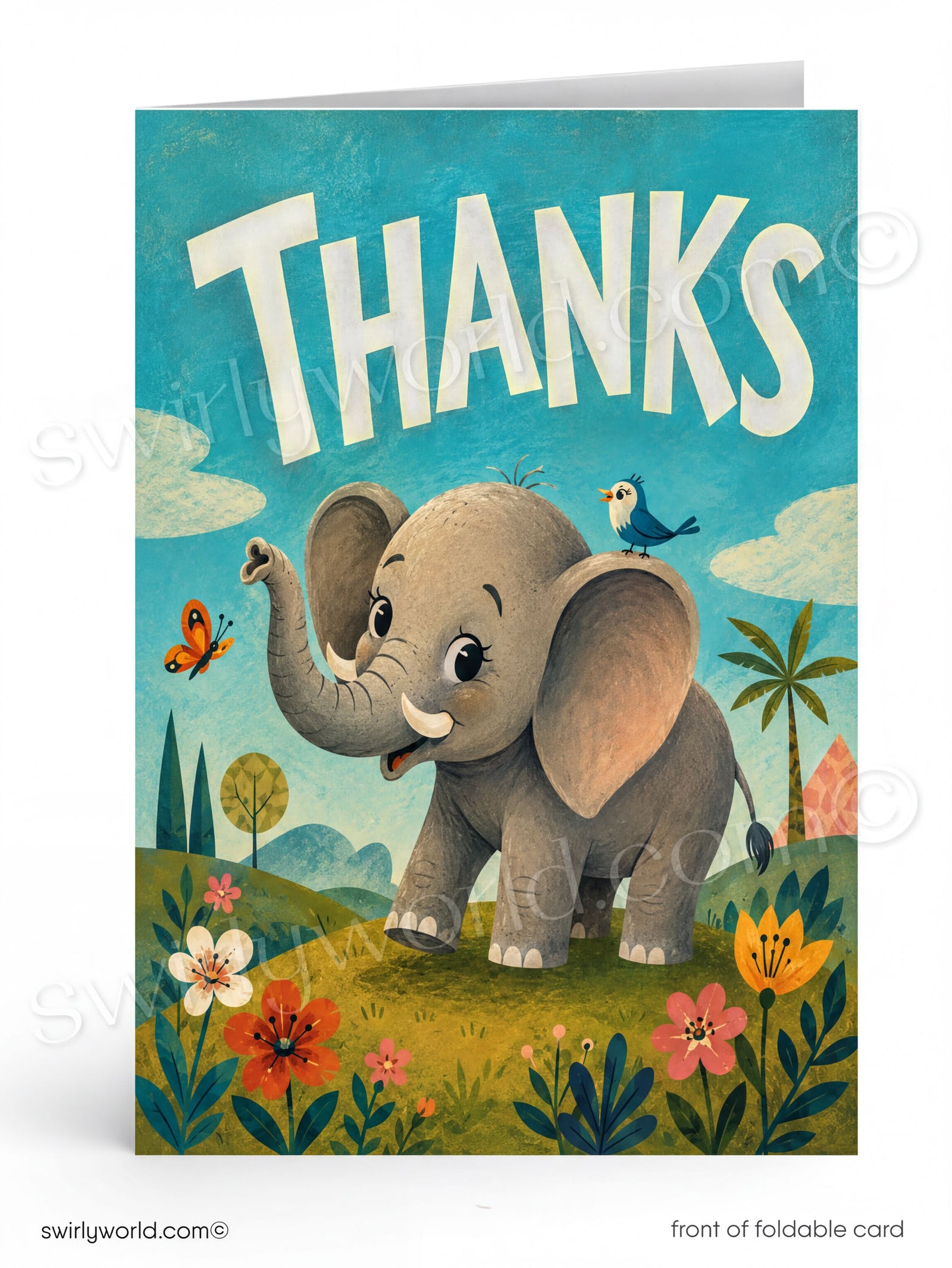 Card with an elephant and bird in a scenic background, featuring the word 'THANKS'.