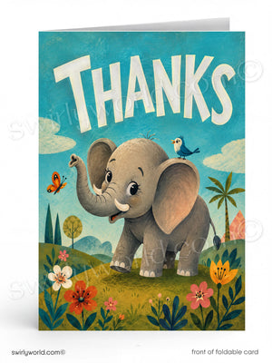 Card with an elephant and bird in a scenic background, featuring the word 'THANKS'.