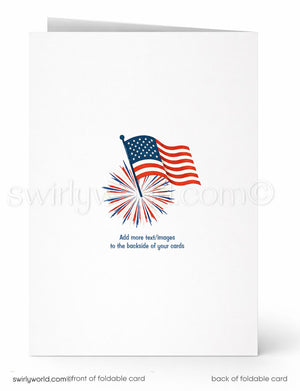 Greeting card with American flag and fireworks design on a white background