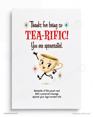 The image is a flat panel card with a cartoon cup character and stars. The text on the card reads "Thanks for being so TEA-RIFIC! You are appreciated." The card is designed to be a flat panel card, so it does not contain any text that would describe the image individually. The card is meant to be a personalized message, so it does not include any specific phrases or descriptions.