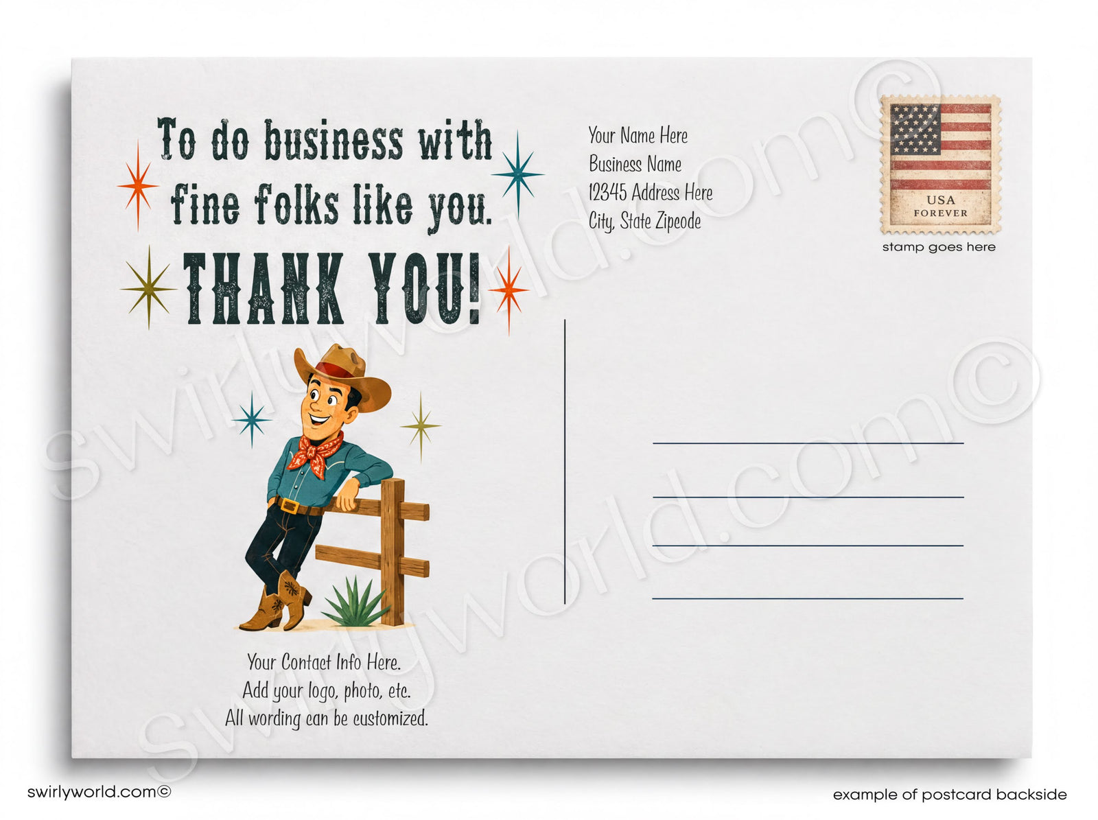 A cartoon cowboy giving a thumbs up in front of a red building with a "General Store" sign, surrounded by desert scenery with cacti and mountains in the background.