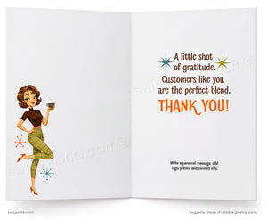A 3D mockup of a folding greeting card, showing the inside layout with a retro illustration of a woman on the left and a customizable message on the right.
