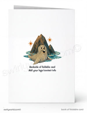 Backside of a foldable card with a cartoon seal and iceberg illustration, featuring 'swirlyworld.com' branding.