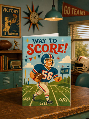 a book cover with a football player and the title "Way to Score!" The book cover also includes a football field and various football-related elements.
