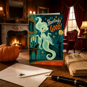 a Halloween-themed greeting card with a ghostly figure, a fireplace, and a pumpkin, along with a stack of envelopes and a pen on a table.