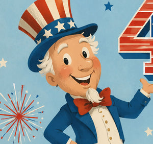 A cheerful cartoon character wearing a top hat and bow tie, with a big smile and waving his hand, against a background of fireworks and the number 4.