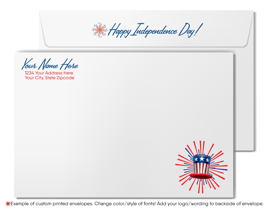 Patriotic American Neighborhood of Houses with fireworks celebrate Independence Day; happy 4th of July greeting card marketing for Realtors®.