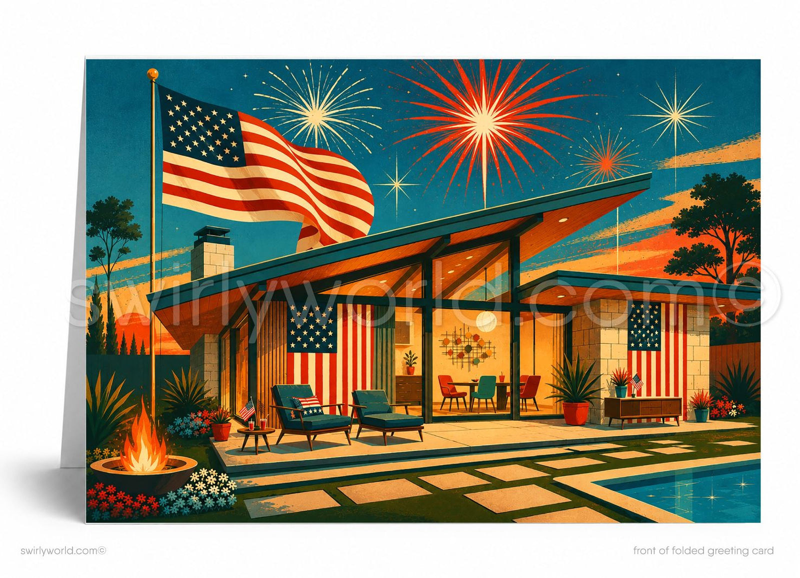 A vibrant illustration depicting a modern house with an American flag, surrounded by a pool, patio furniture, and a fireworks display in the night sky.