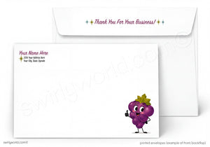 a white envelope with a purple grape character on the front. The envelope has a message that says "Thank You For Your Business!" and a space for the recipient's name and address.