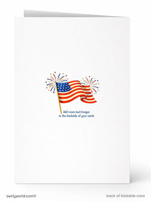 The image is a greeting card featuring an American flag with fireworks in the background.