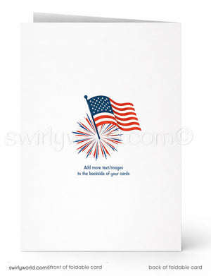 The image is a white card with an American flag and a fireworks display on the right side. The card has instructions for adding more text/images to the backside of the card.