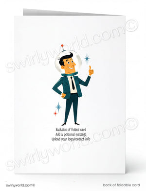 Back of a folded card with a cartoon astronaut character on a white background