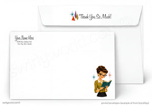 Envelopes with a design of a woman reading a book and the text 'Thank You So Much!' on a white background.