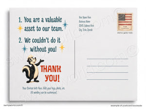 Postcard with a cartoon skunk and text expressing appreciation to a team member, featuring an American flag stamp.