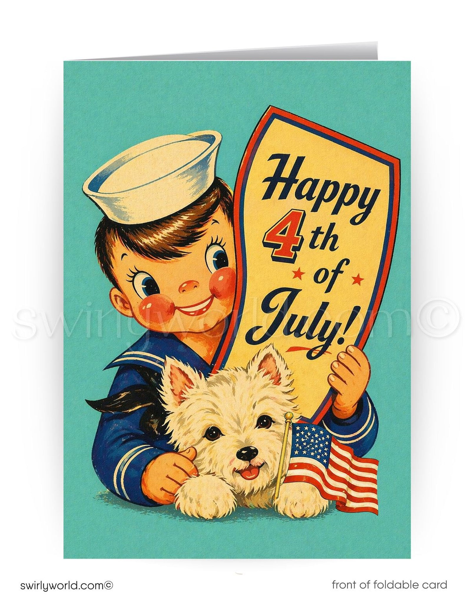 A young boy in a sailor's uniform is holding a yellow sign that says "Happy 4th of July!" while a small white dog is sitting next to him.