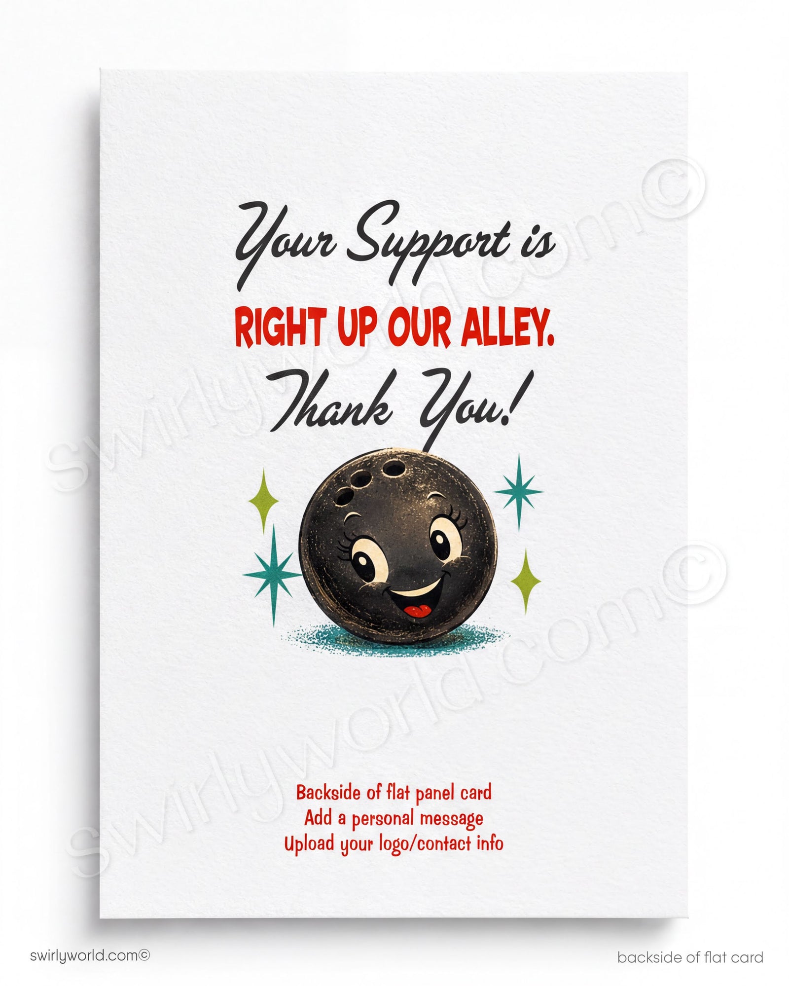 Vintage-style poster with a bowling ball and pins, featuring text 'You Really Bowled Us Over' on a teal background.