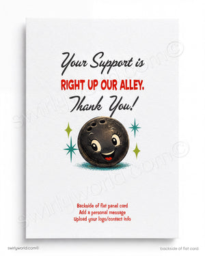 Card with a bowling ball illustration and text expressing gratitude for support, on a white background.