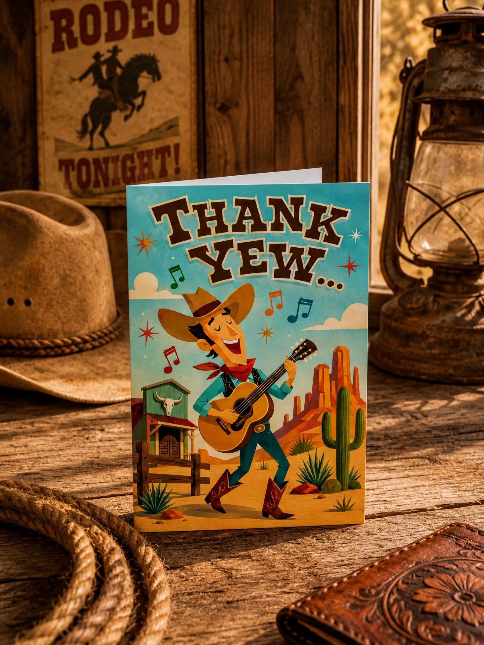 A folded greeting card shown front-facing on a white background. The card features a colorful western desert illustration with a cowboy playing guitar under large 'THANK YEW.