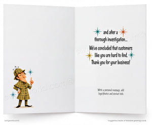 Open card with a cartoon detective and text on a white background