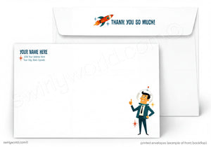 Customizable stationery set with a rocket and 'Thank you so much!' design on an envelope.