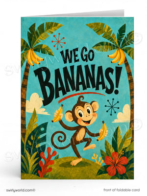 A colorful illustration of a monkey holding bananas, surrounded by tropical elements such as palm trees, flowers, and grass. The text "We go bananas!" is prominently displayed in the center of the image.