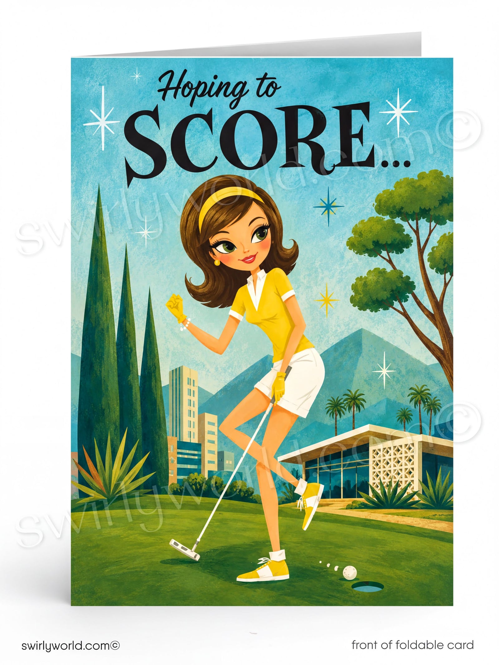 A folded greeting card shown standing upright on a white background. The front features a retro-style illustration of a woman in a yellow polo shirt and white skirt putting on a golf course, with the text 'Hoping to SCORE.