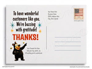 The image is a postcard with a cartoon bear and a message expressing gratitude. The postcard has a blank space for a recipient's name and address, and a stamp in the top right corner. The text on the postcard is a personalized message, and the image is a collage of various images, including a bear and a stamp.
