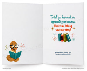 Open card with cartoon character reading a book and text expressing appreciation for business.