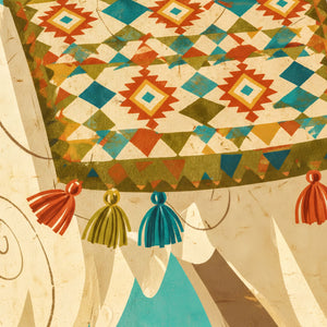 The image is a vibrant and colorful abstract illustration featuring a geometric pattern with diamond shapes and tassels in various colors, including red, green, blue, and yellow.
