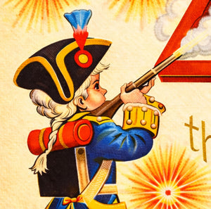 A colorful illustration of a young boy dressed in a military uniform, holding a rifle and aiming it.