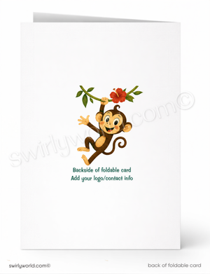 a cartoon monkey holding a flower and a branch, with the text "Backside of foldable card" and "Add your logo/contact info" below the illustration.