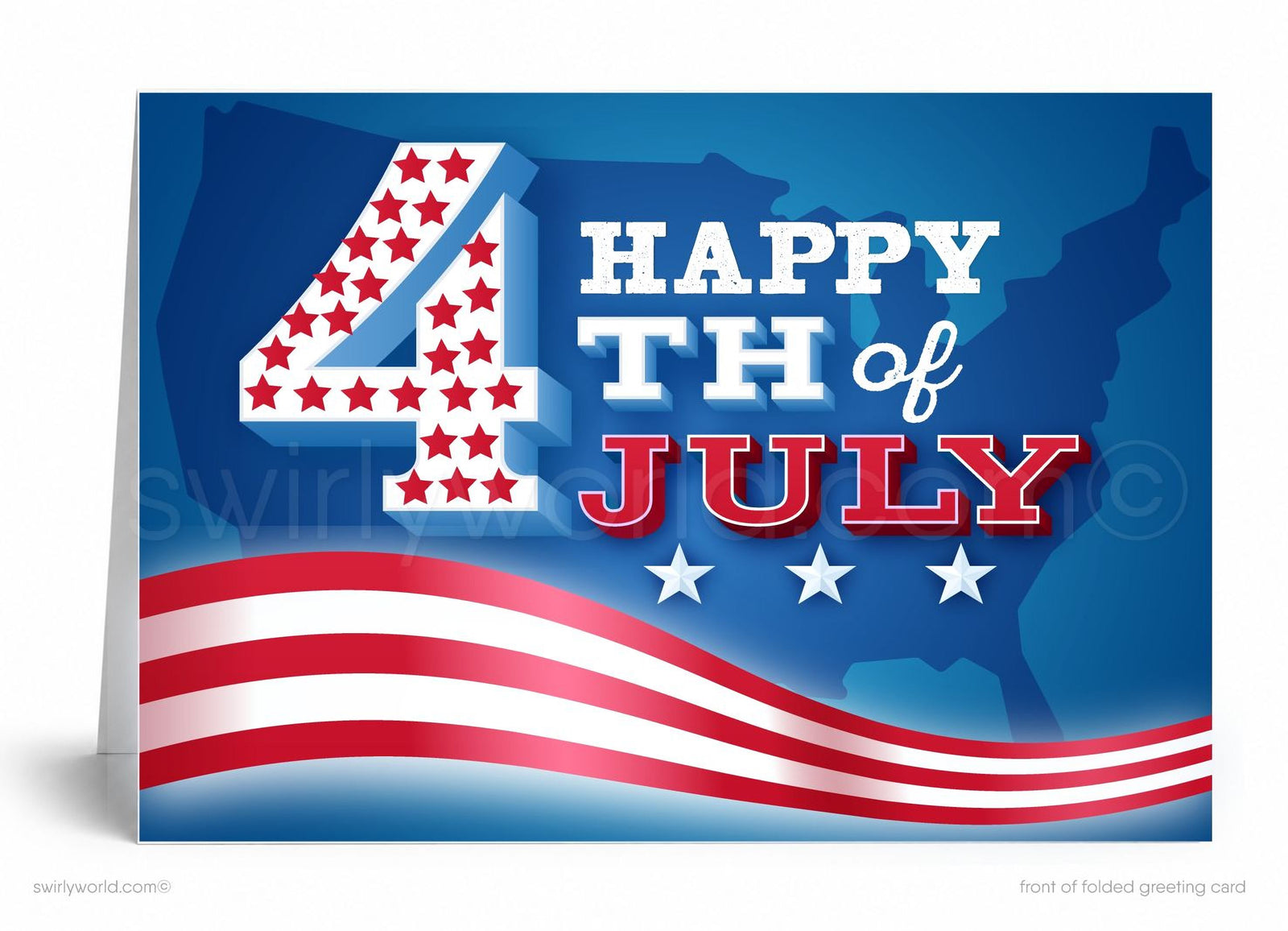 The image is a graphic design featuring the number 4 and the text "Happy 4th of July" against a blue background with an American flag pattern.