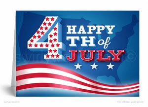 The image is a graphic design featuring the number 4 and the text "Happy 4th of July" against a blue background with an American flag pattern.
