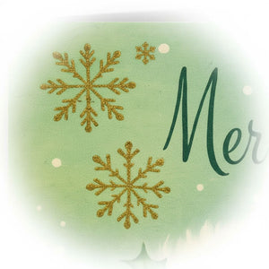 a green background with two gold glitter snowflakes and the word "Mer" written in cursive.