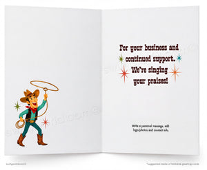 An open greeting card shown front and back on a white background. The left panel features a cartoon cowboy holding a lasso, and the right panel contains placeholder text reading, 'For your business and continued support.