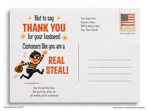The image is a postcard with a cartoon character, a dollar bill, and a message about stealing. The postcard has a blank space for the recipient's name and address, and a stamp in the top right corner. The text on the postcard is not too long, and it focuses on the message about stealing.
