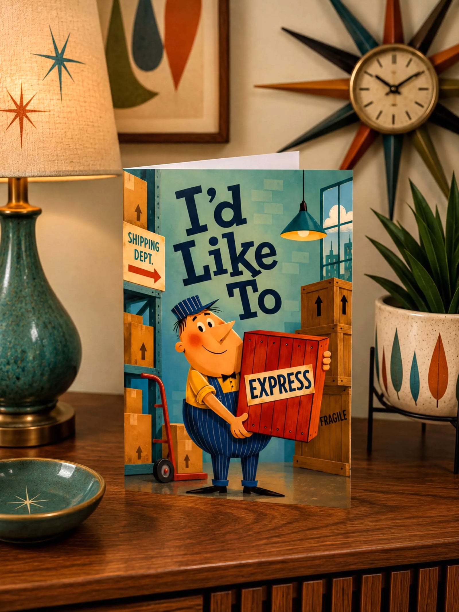 A folded greeting card shown upright on a white background. The card features a cartoon illustration of a smiling delivery worker in blue overalls holding a red express box, with large text reading 'I'd Like To' and a shipping warehouse scene in the background.