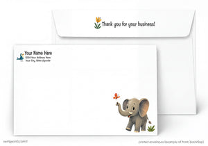 Envelopes with a cartoon elephant and butterfly design, featuring a personalized address field.