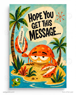 The image is a colorful illustration featuring a crab character surrounded by tropical elements such as palm trees, a fish, and a speech bubble with the text "Hope You Get This Message..."