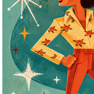a stylized illustration of a person wearing a yellow shirt with red flowers, standing against a backdrop of stars and a crescent moon.